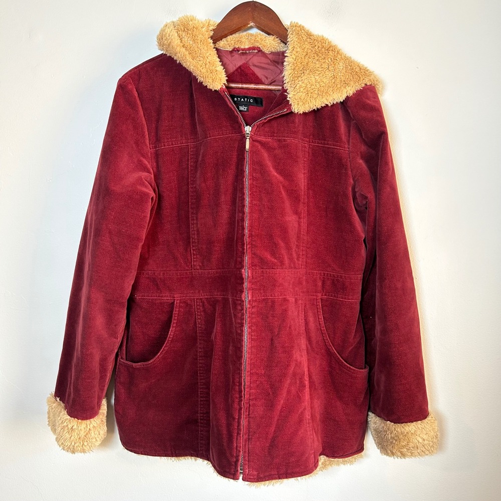 Vintage Y2K Static Corduroy Hooded Jacket Women Large Burgundy Red Faux Fur Trim